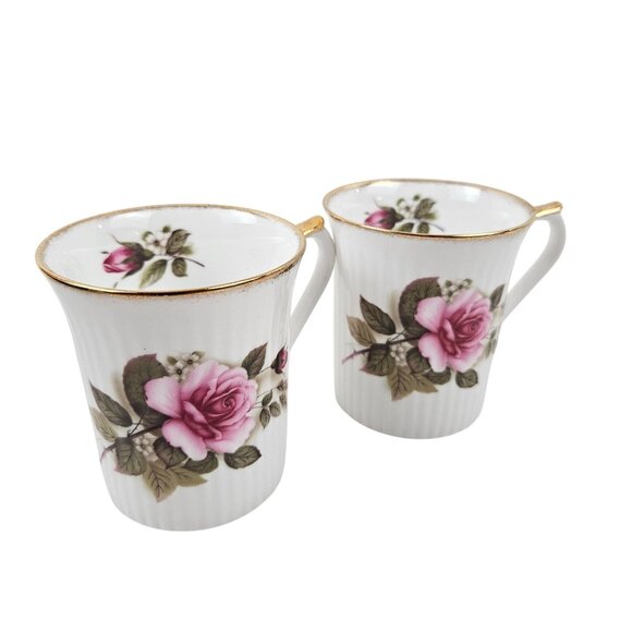 Set Of 2 Regal Heritage Bone China Mugs Pink Rose Floral Design Gold Trim - Picture 3 of 11